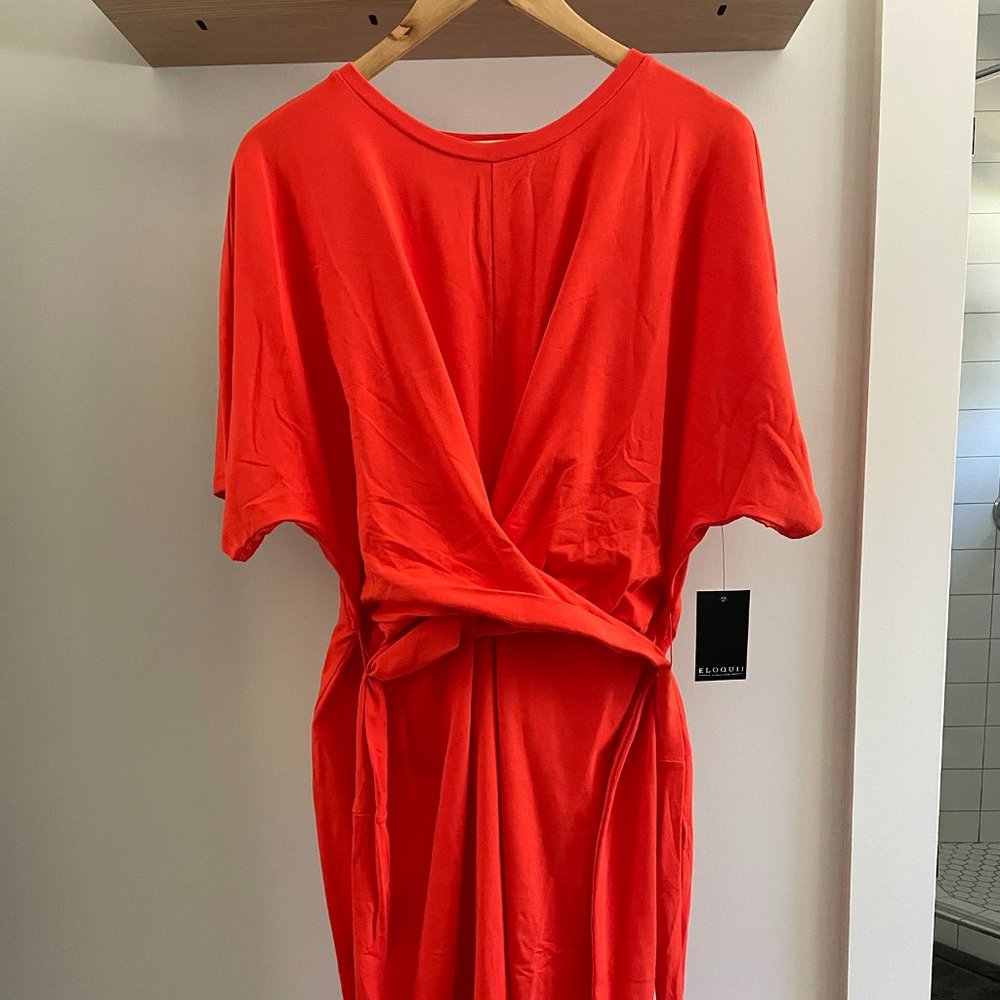 Vibrant Orange Red Dress Flutter Sleeve Eloquii Plus Size 14 Cotton